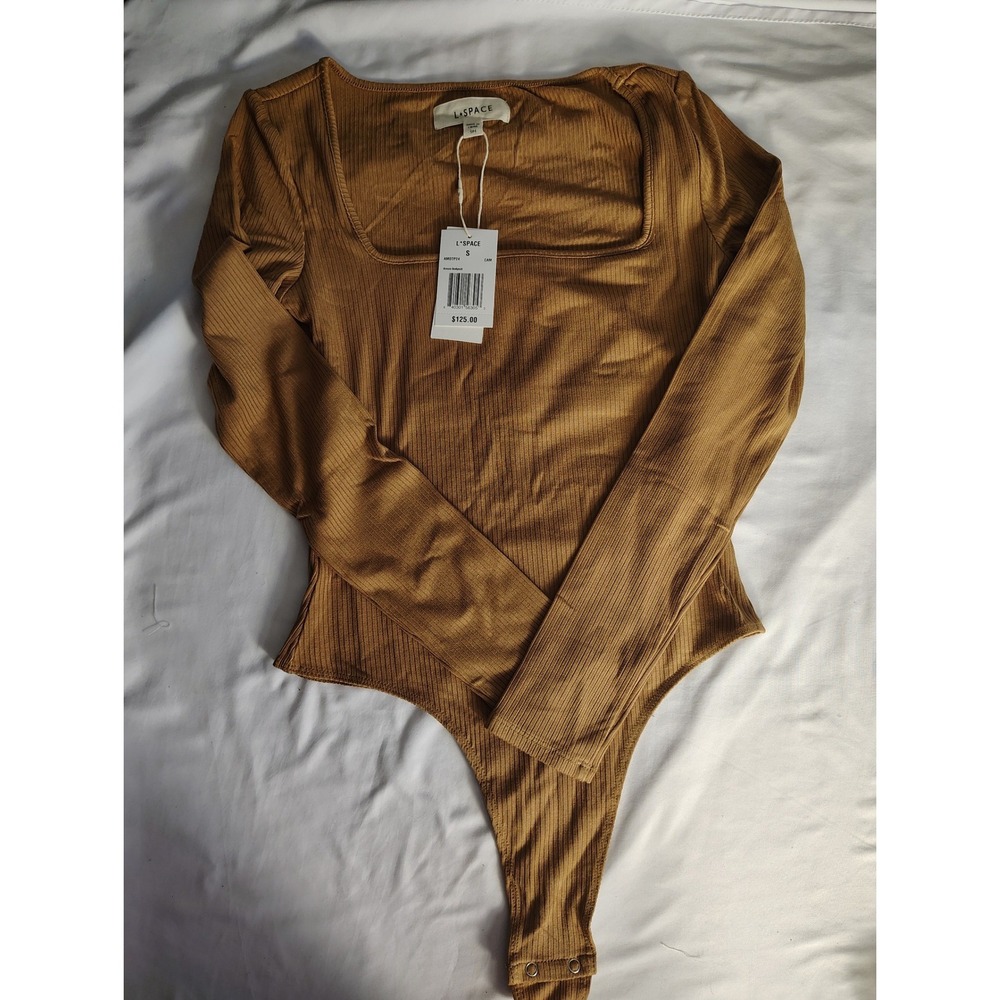 L*Space Amore Bodysuit Camel Brown Ribbed Square Neck Long Sleeve AMOTP24 S
